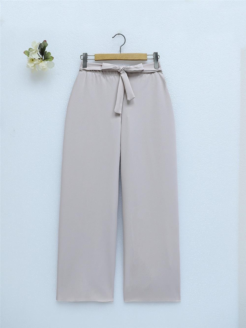 Double Fabric Waist Belted Wide Leg Trousers - Beige-400-156-R56