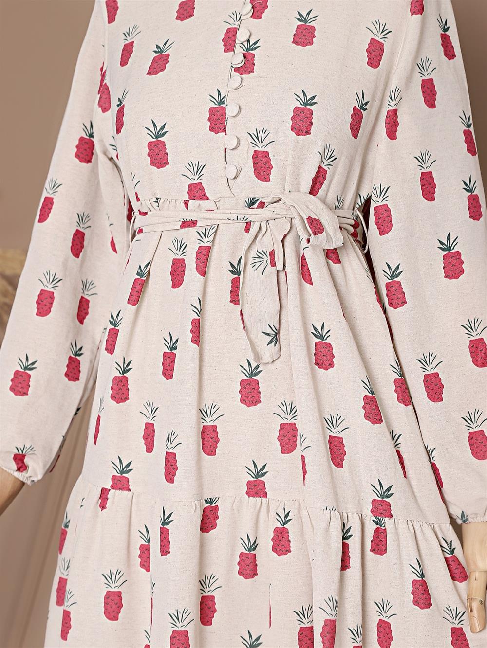 Düğmeli Ananas Baskılı Keten Elbise -Pembe