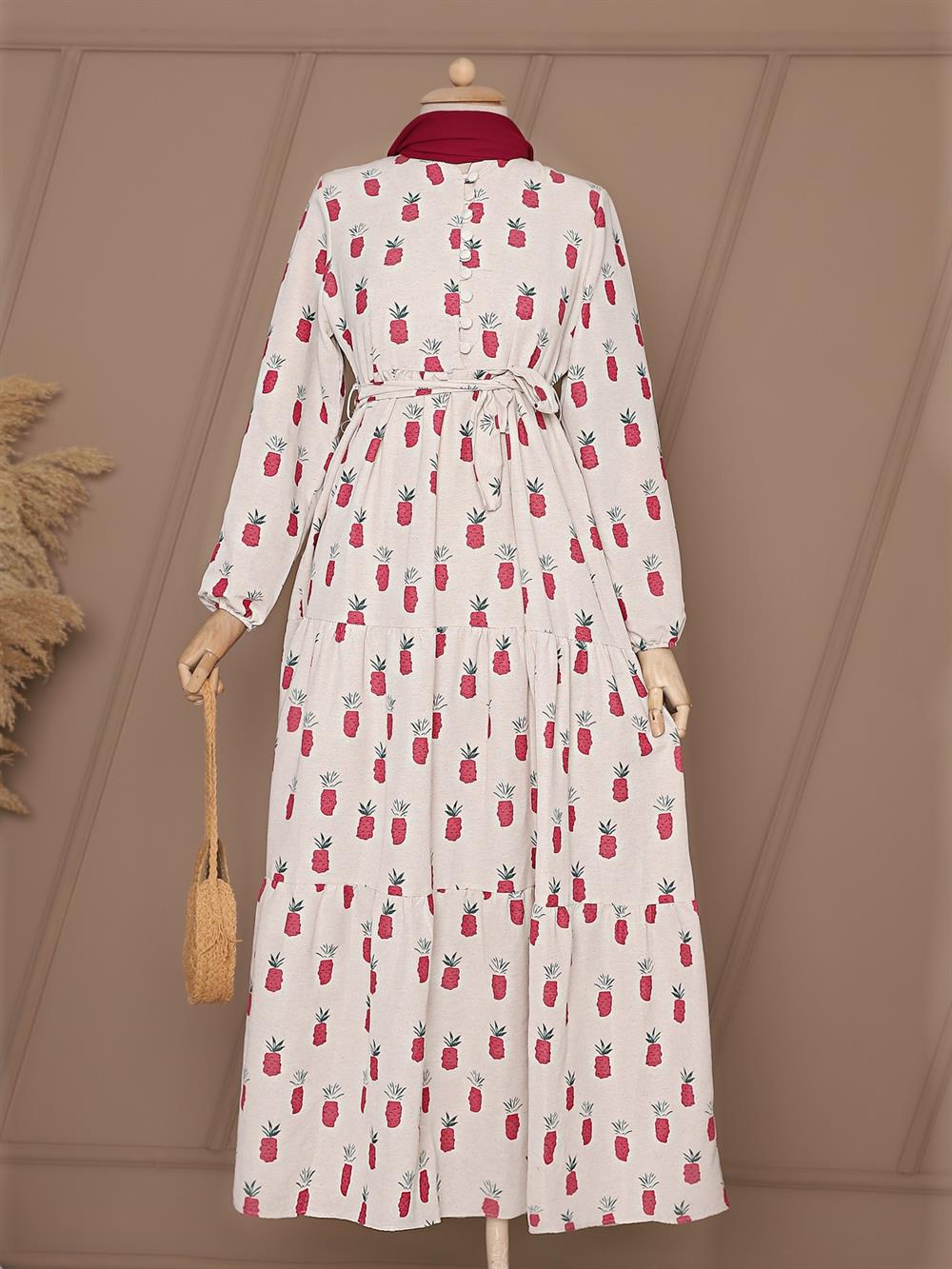 Düğmeli Ananas Baskılı Keten Elbise -Pembe