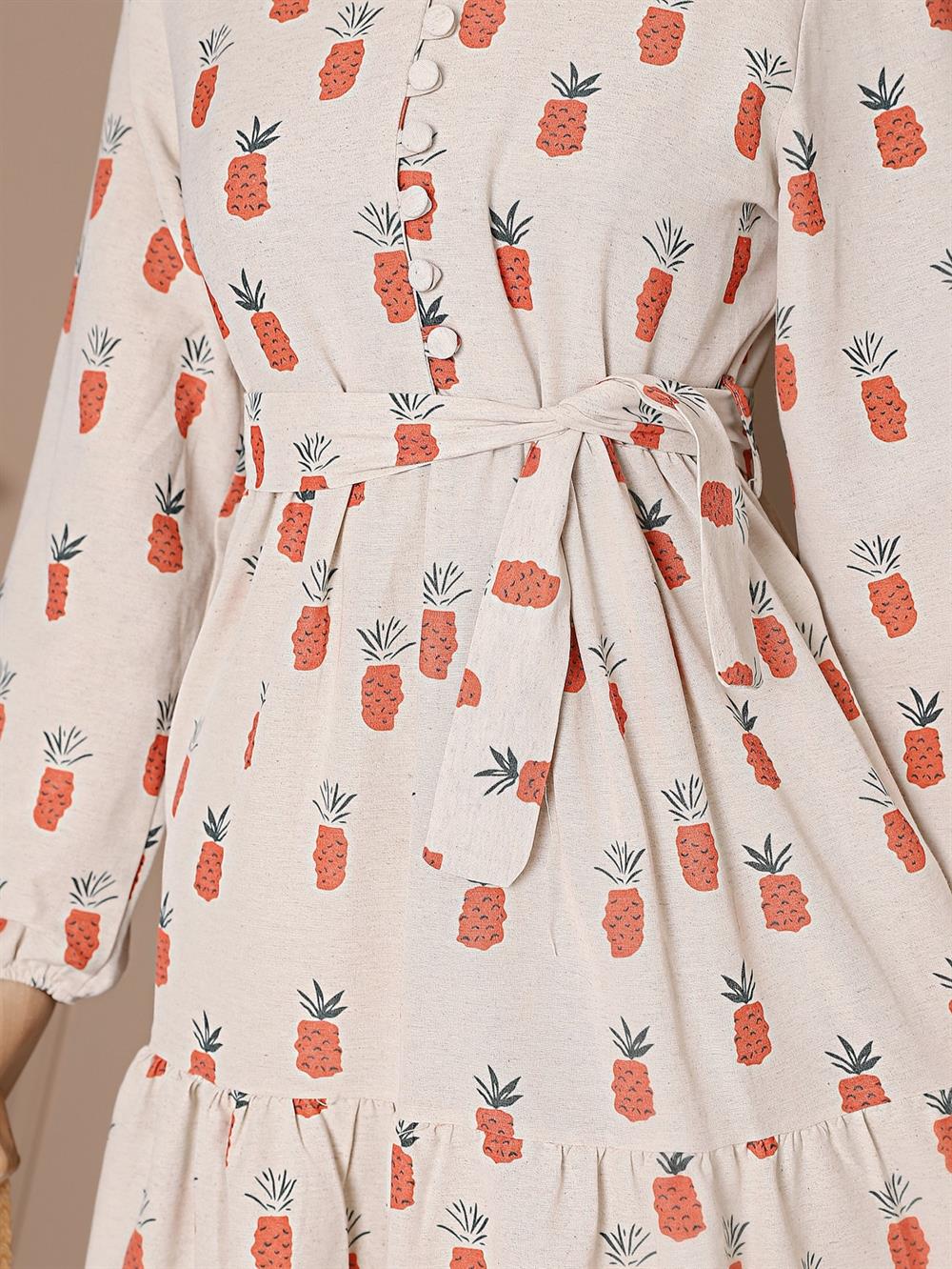 Düğmeli Ananas Baskılı Keten Elbise -Turuncu