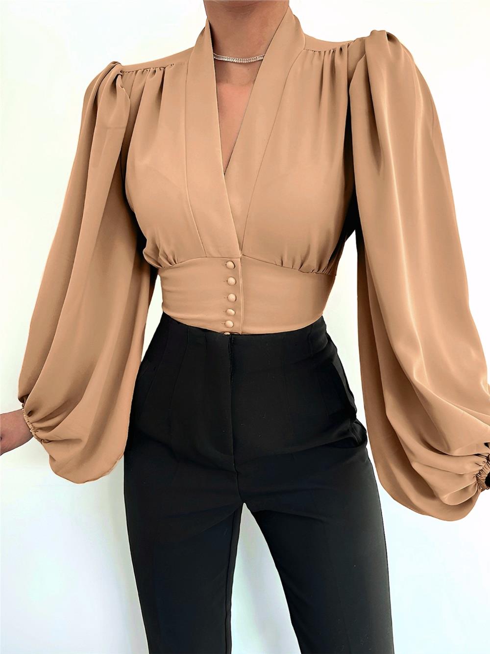 Buttoned Back Elastic Balloon Sleeve Sandy Crop -Mink-361-311-R23