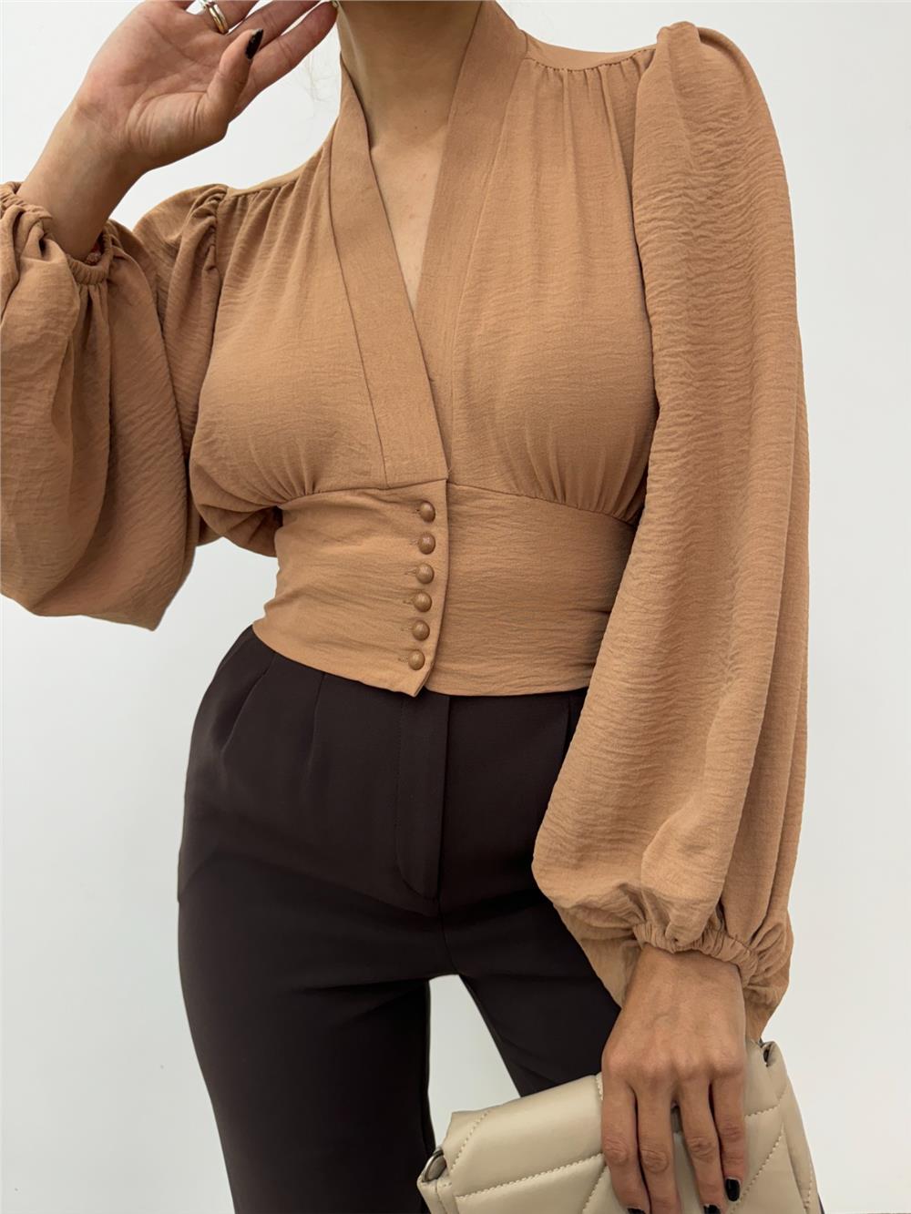 Buttoned Back Elastic Balloon Sleeve Sandy Crop -Mink-361-311-R23