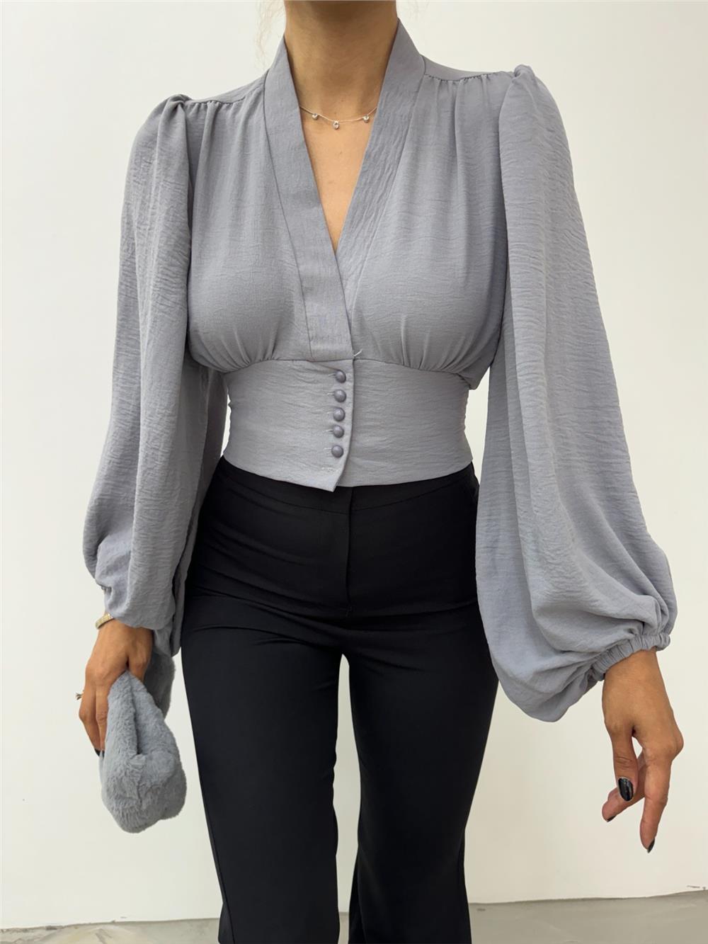 Buttoned Elastic Back Balloon Sleeve Sandy Crop - Gray-361-311-R11