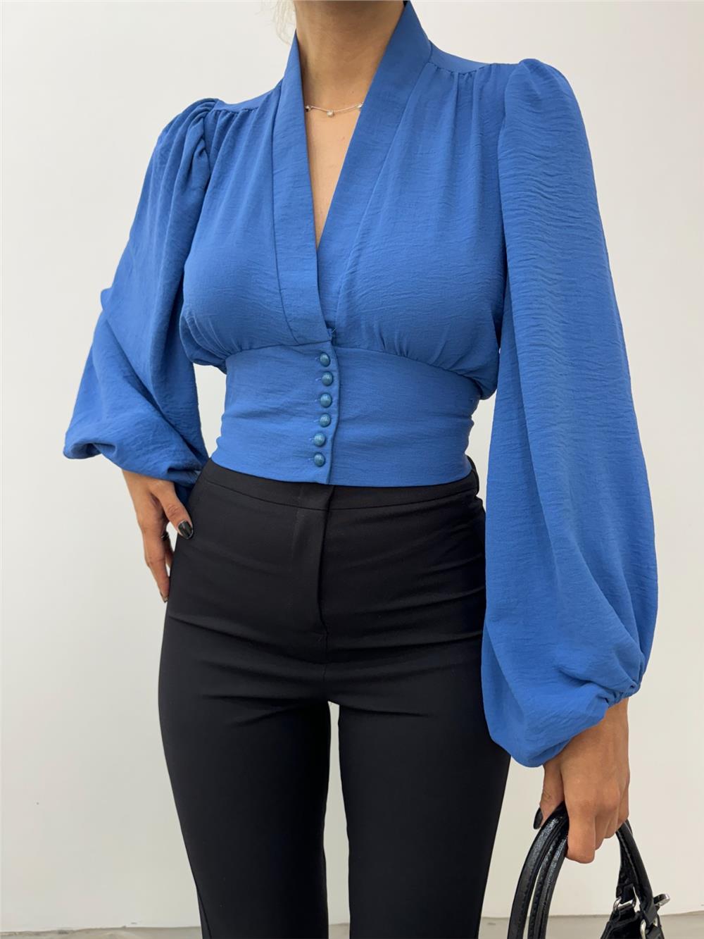 Buttoned Back Elastic Balloon Sleeve Sandy Crop -Indigo-361-311-R21