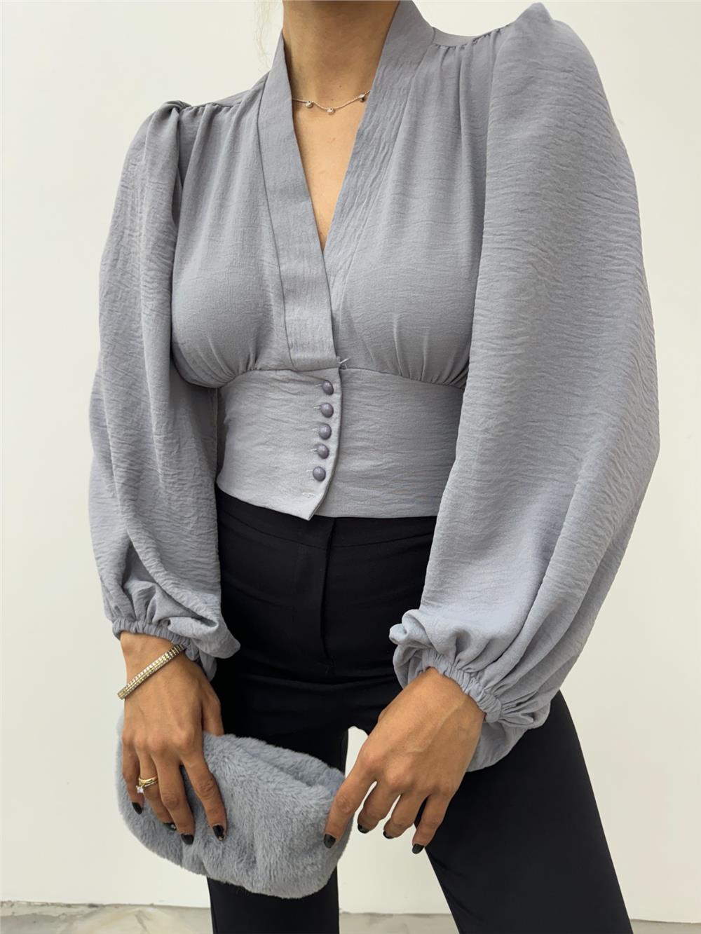Buttoned Elastic Back Balloon Sleeve Sandy Crop - Gray-361-311-R11