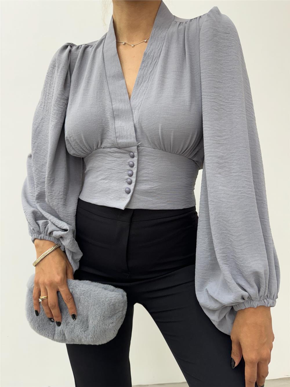 Buttoned Elastic Back Balloon Sleeve Sandy Crop - Gray-361-311-R11