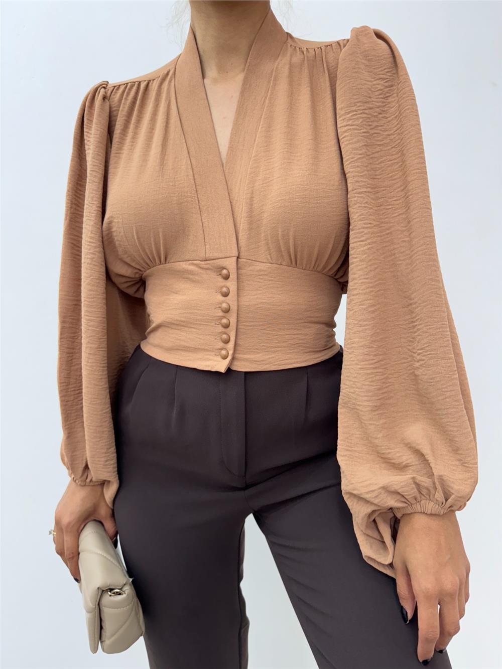 Buttoned Back Elastic Balloon Sleeve Sandy Crop -Mink-361-311-R23