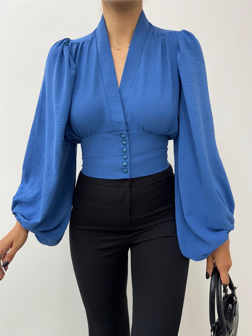 Buttoned Back Elastic Balloon Sleeve Sandy Crop -Indigo-361-311-R21