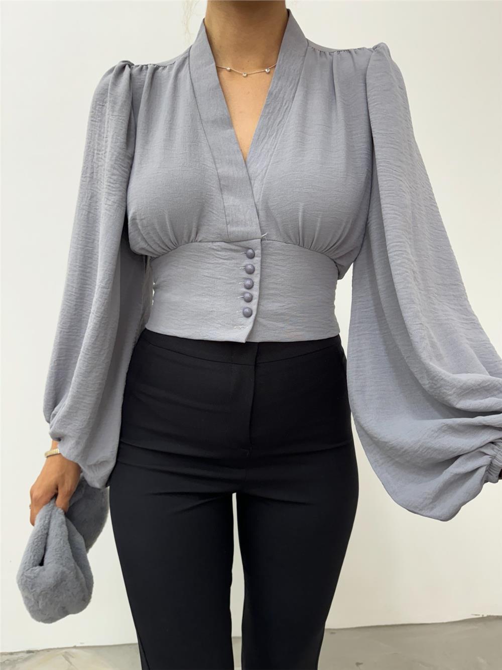 Buttoned Elastic Back Balloon Sleeve Sandy Crop - Gray-361-311-R11