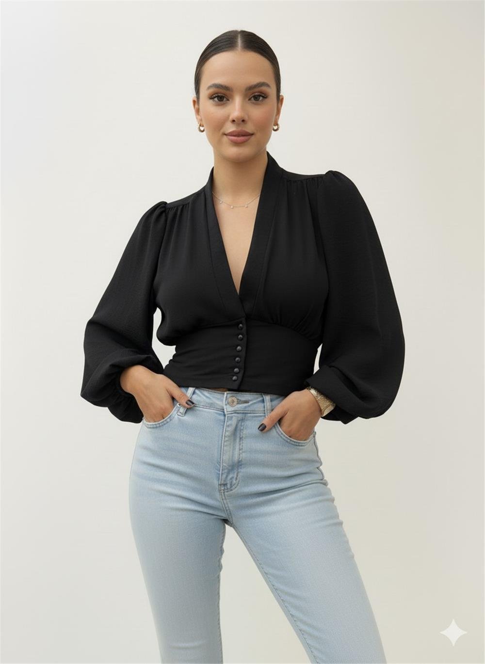 Buttoned Back Elastic Balloon Sleeve Sandy Crop -Black-361-311-R01