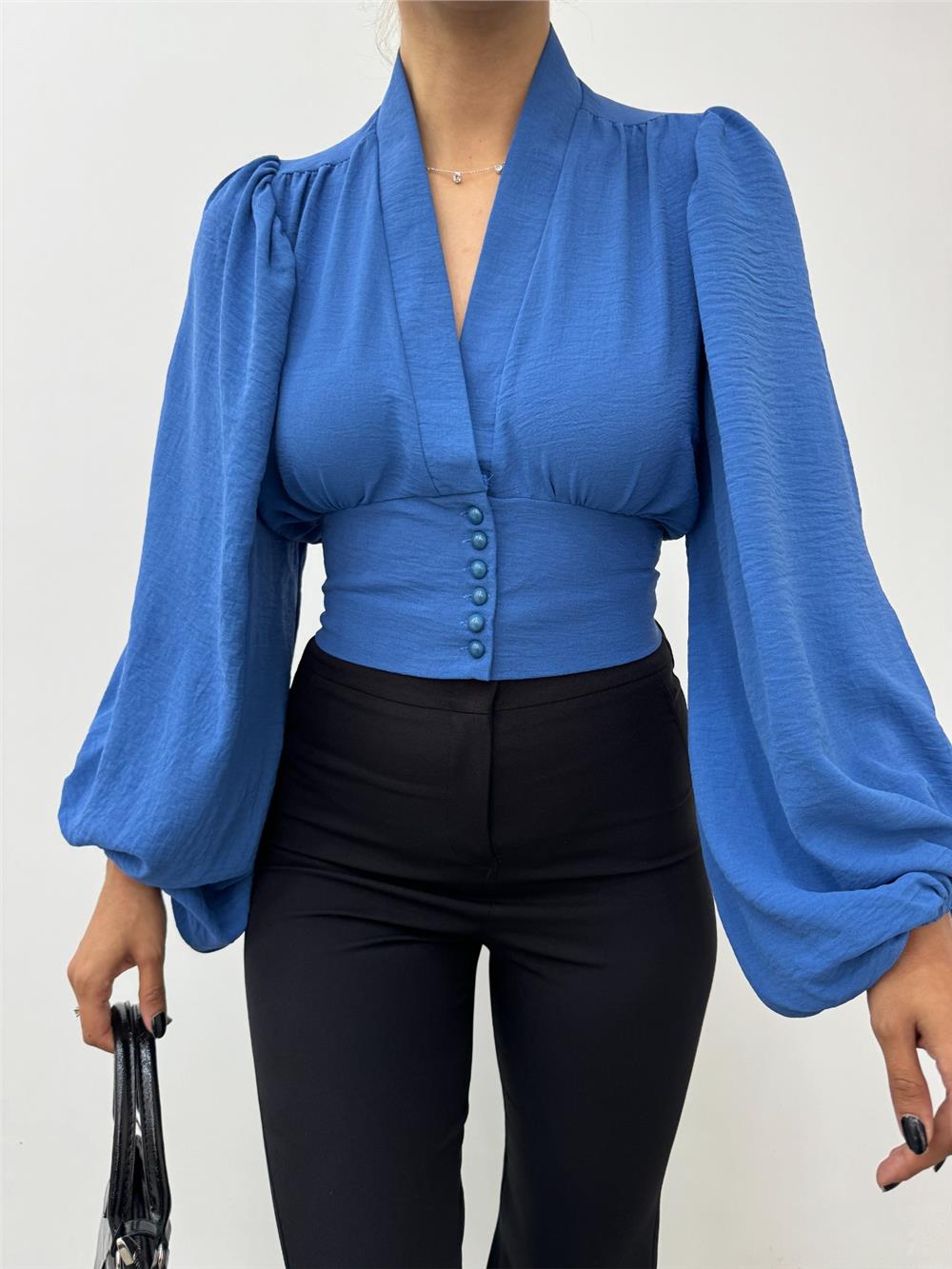 Buttoned Back Elastic Balloon Sleeve Sandy Crop -Indigo-361-311-R21
