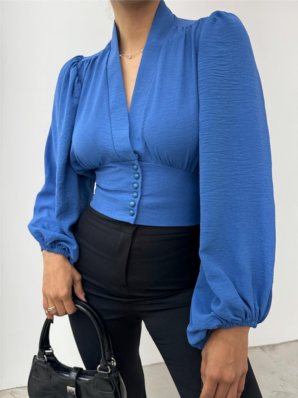 Buttoned Back Elastic Balloon Sleeve Sandy Crop -Indigo-361-311-R21