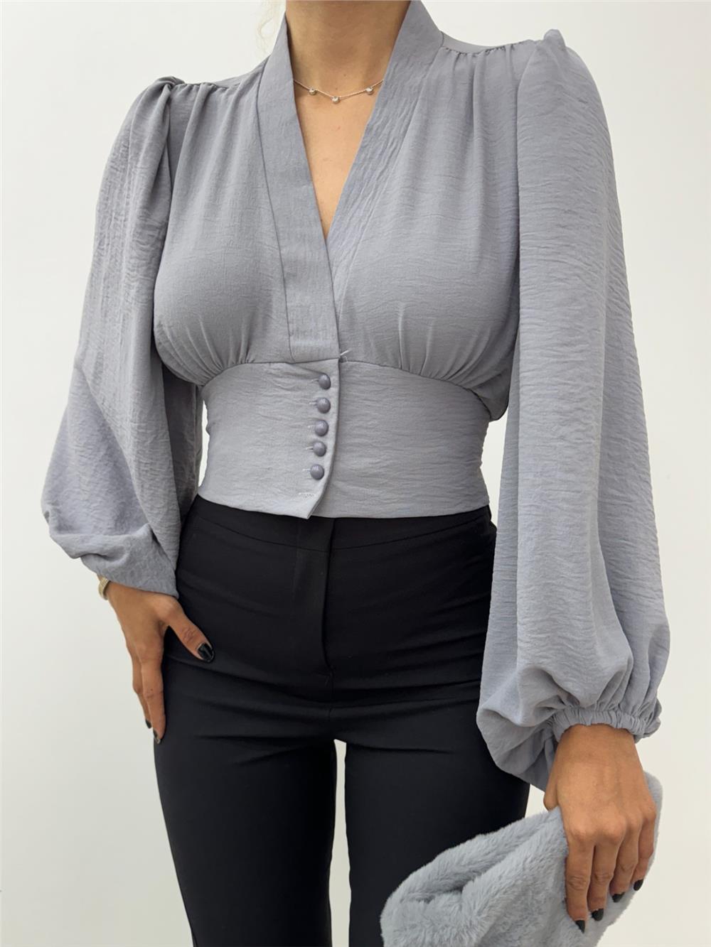 Buttoned Elastic Back Balloon Sleeve Sandy Crop - Gray-361-311-R11