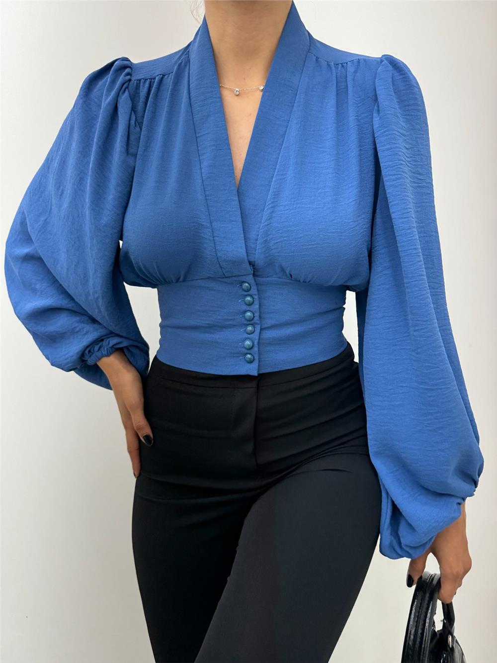 Buttoned Back Elastic Balloon Sleeve Sandy Crop -Indigo-361-311-R21
