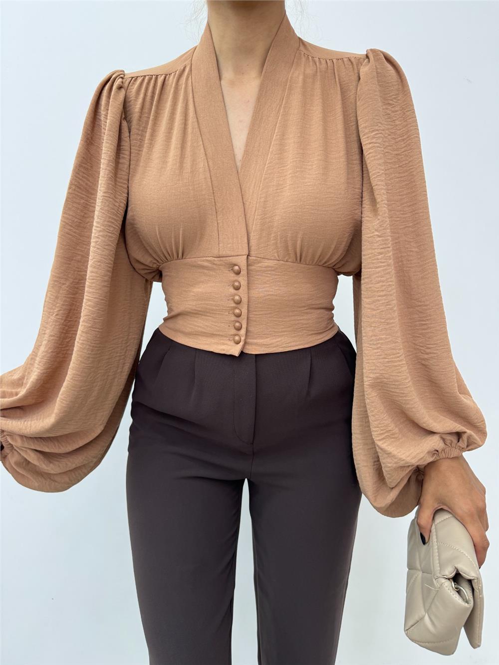 Buttoned Back Elastic Balloon Sleeve Sandy Crop -Mink-361-311-R23