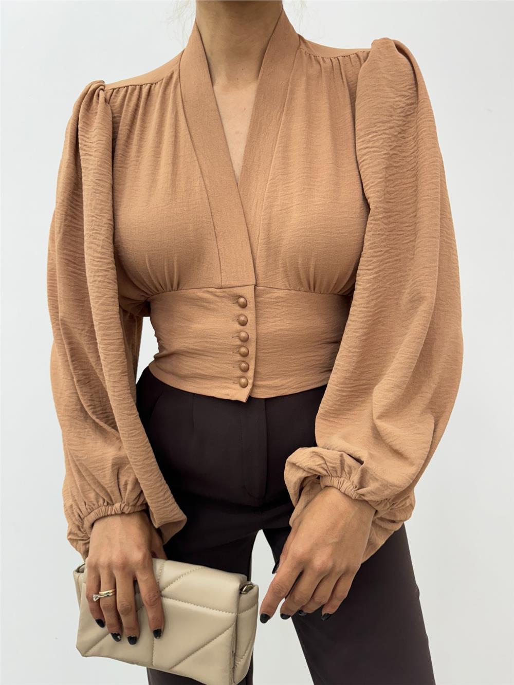 Buttoned Back Elastic Balloon Sleeve Sandy Crop -Mink-361-311-R23