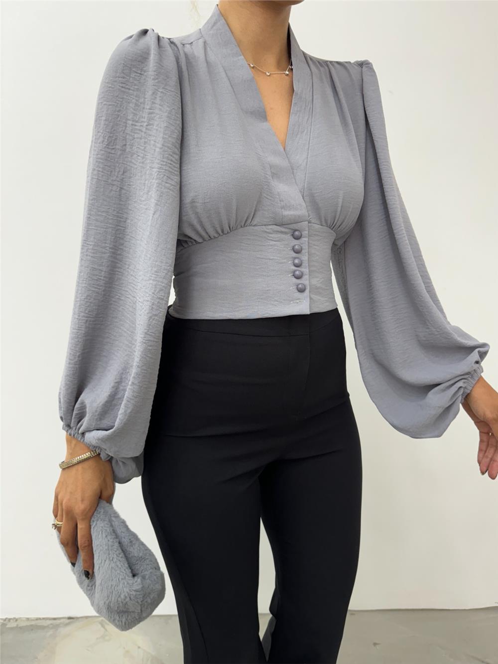 Buttoned Elastic Back Balloon Sleeve Sandy Crop - Gray-361-311-R11