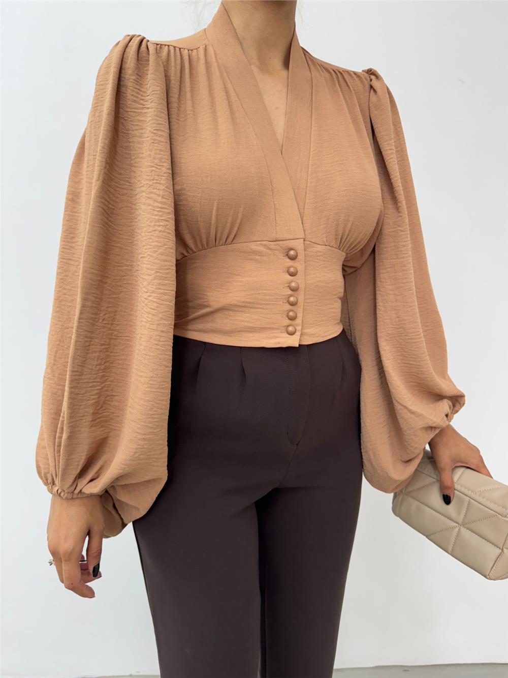 Buttoned Back Elastic Balloon Sleeve Sandy Crop -Mink-361-311-R23