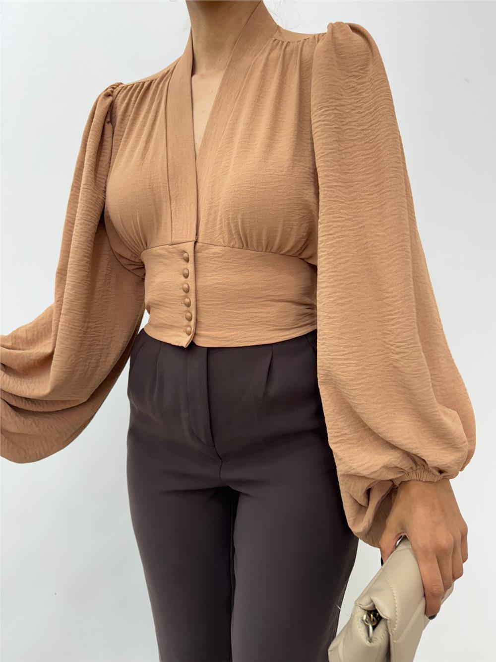 Buttoned Back Elastic Balloon Sleeve Sandy Crop -Mink-361-311-R23
