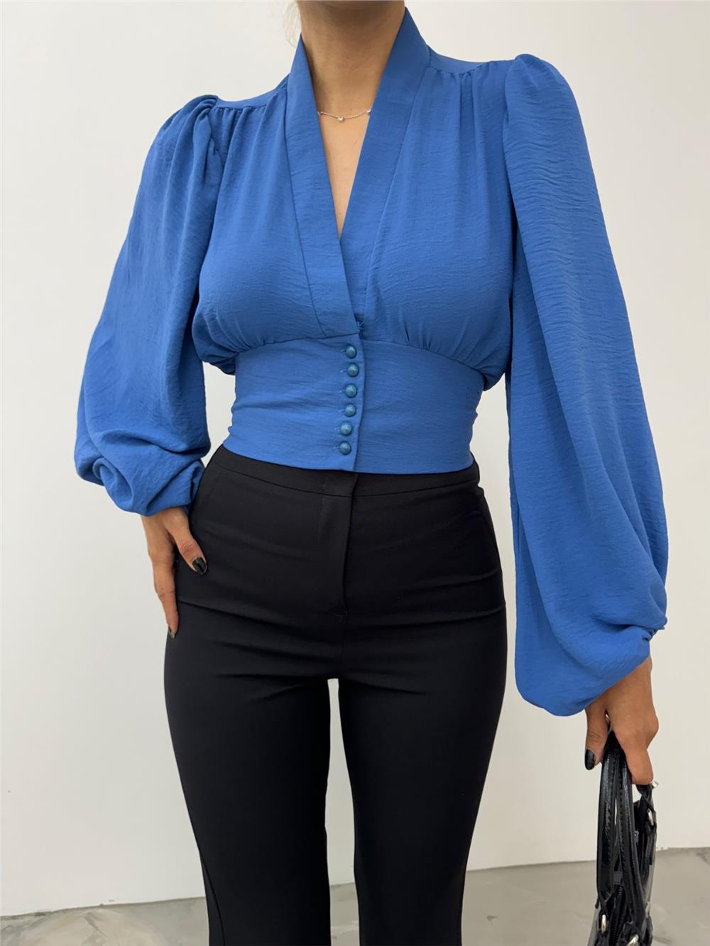 Buttoned Back Elastic Balloon Sleeve Sandy Crop -Indigo-361-311-R21