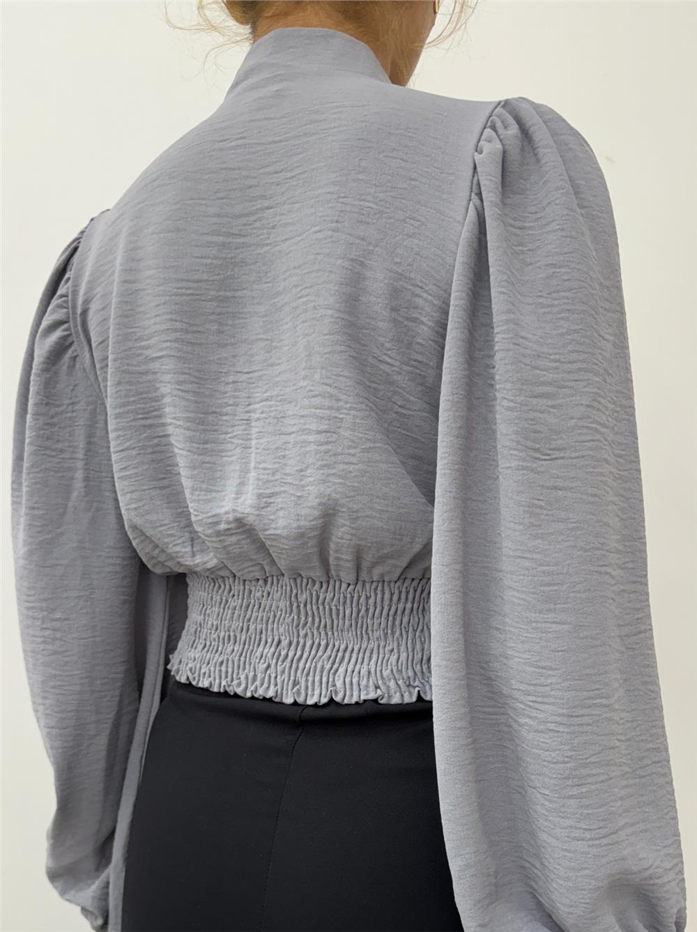Buttoned Elastic Back Balloon Sleeve Sandy Crop - Gray-361-311-R11