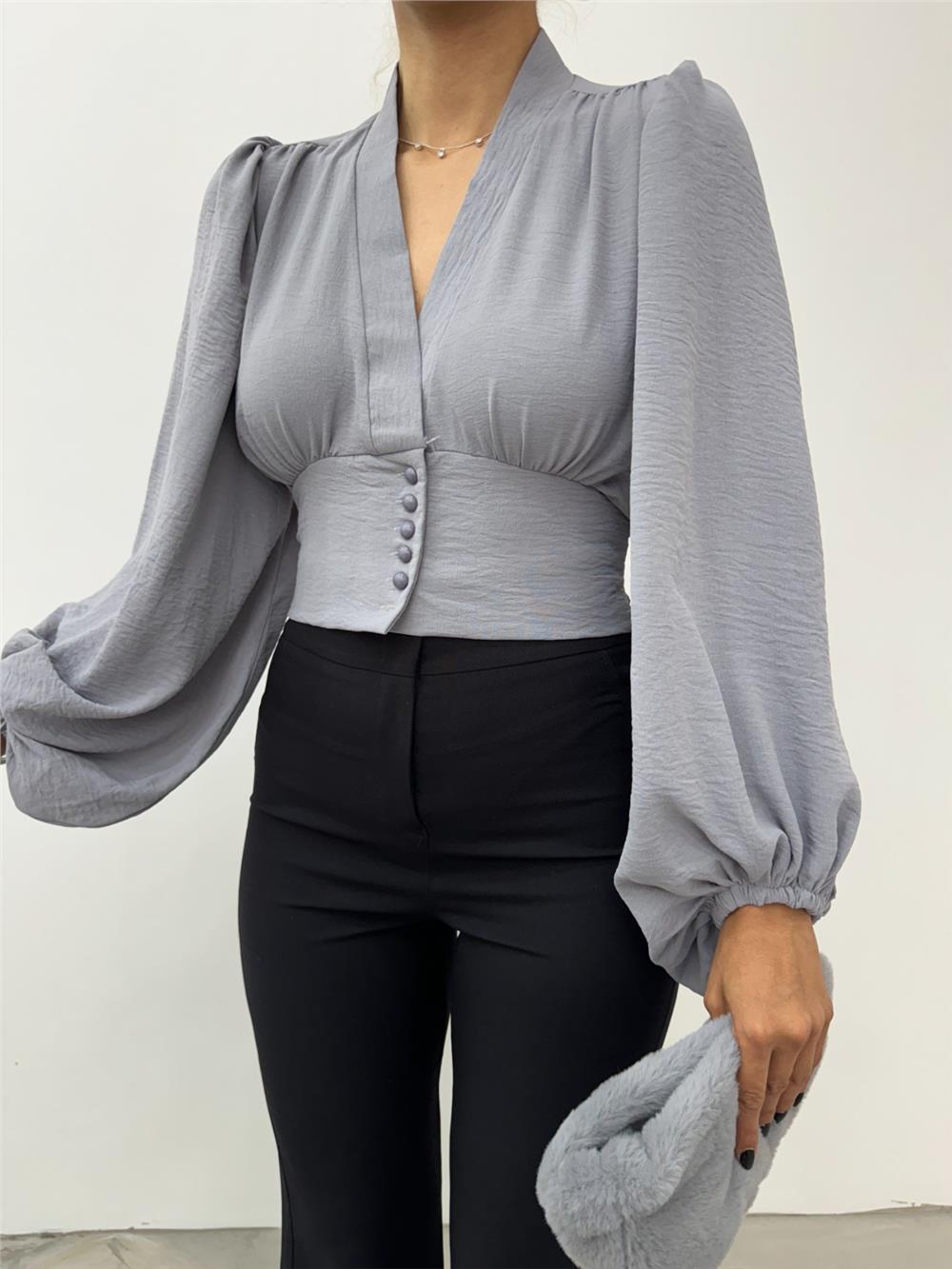 Buttoned Elastic Back Balloon Sleeve Sandy Crop - Gray-361-311-R11