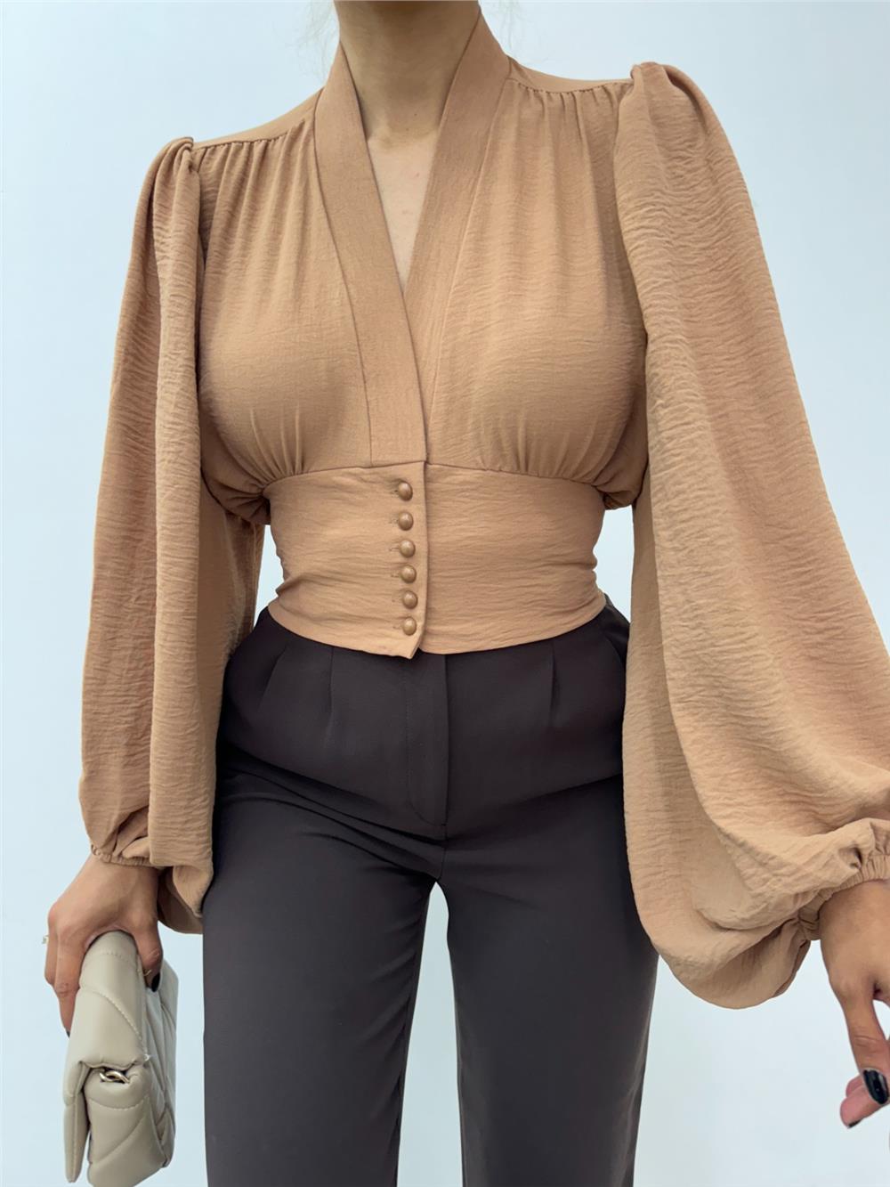 Buttoned Back Elastic Balloon Sleeve Sandy Crop -Mink-361-311-R23