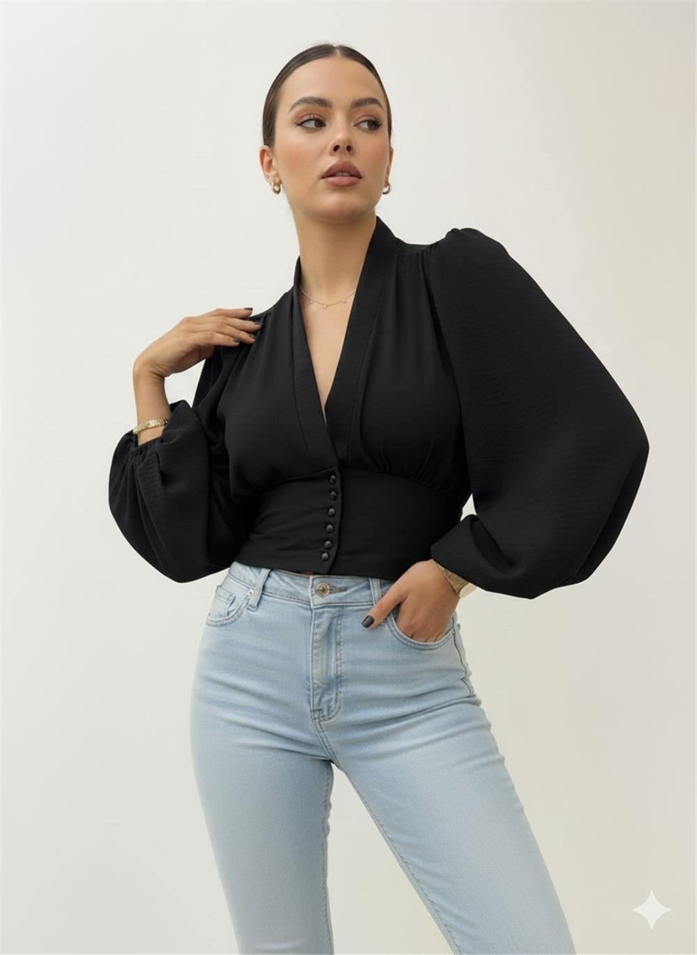 Buttoned Back Elastic Balloon Sleeve Sandy Crop -Black-361-311-R01