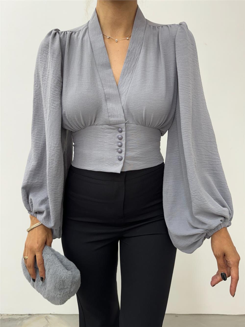 Buttoned Elastic Back Balloon Sleeve Sandy Crop - Gray-361-311-R11