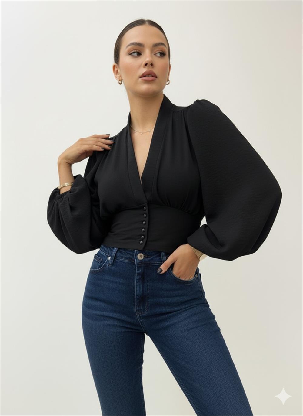 Buttoned Back Elastic Balloon Sleeve Sandy Crop -Black-361-311-R01