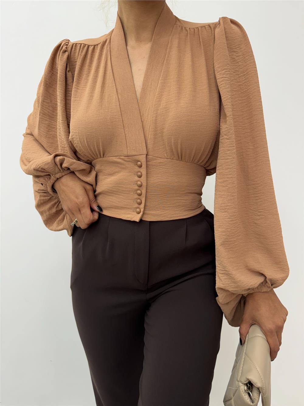 Buttoned Back Elastic Balloon Sleeve Sandy Crop -Mink-361-311-R23
