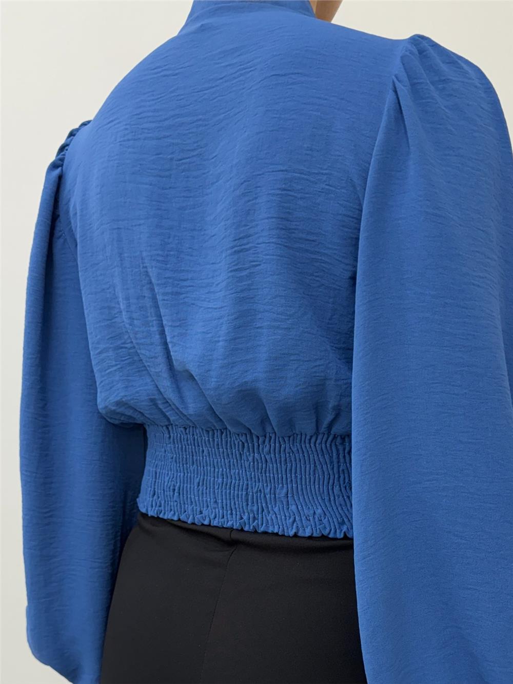 Buttoned Back Elastic Balloon Sleeve Sandy Crop -Indigo-361-311-R21