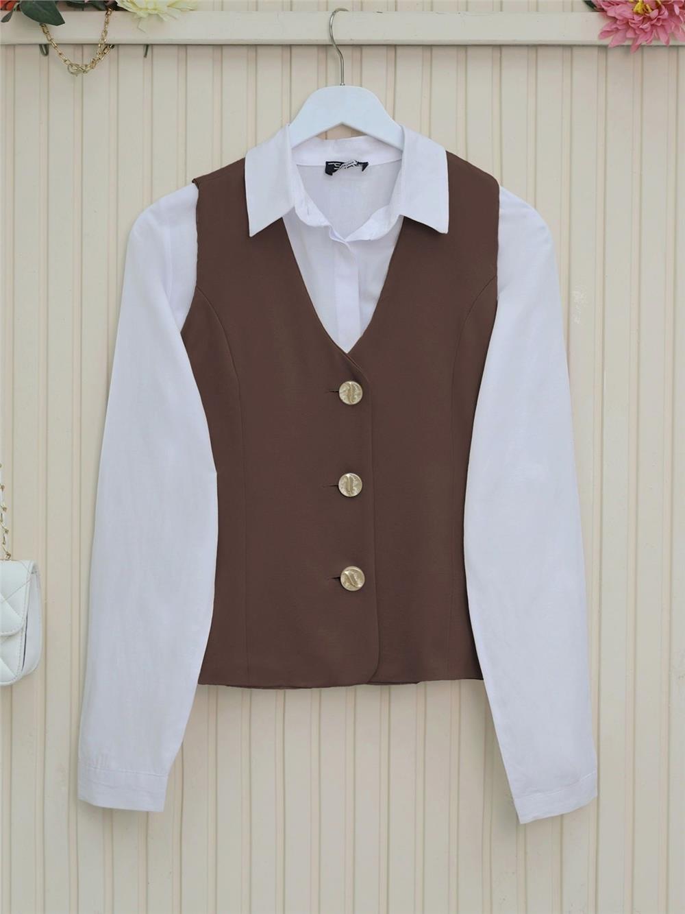 Düğmeli Astarlı Yelek -Kahve-186-690-R15