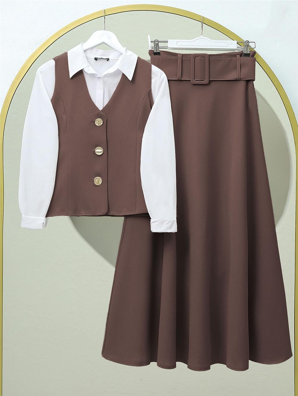 Düğmeli Astarlı Yelek -Kahve-186-690-R15
