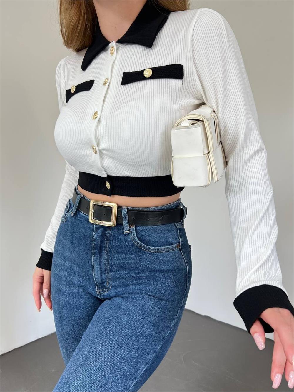 Buttoned Pocket Detailed Crop Cardigan -White-358-10738-R02