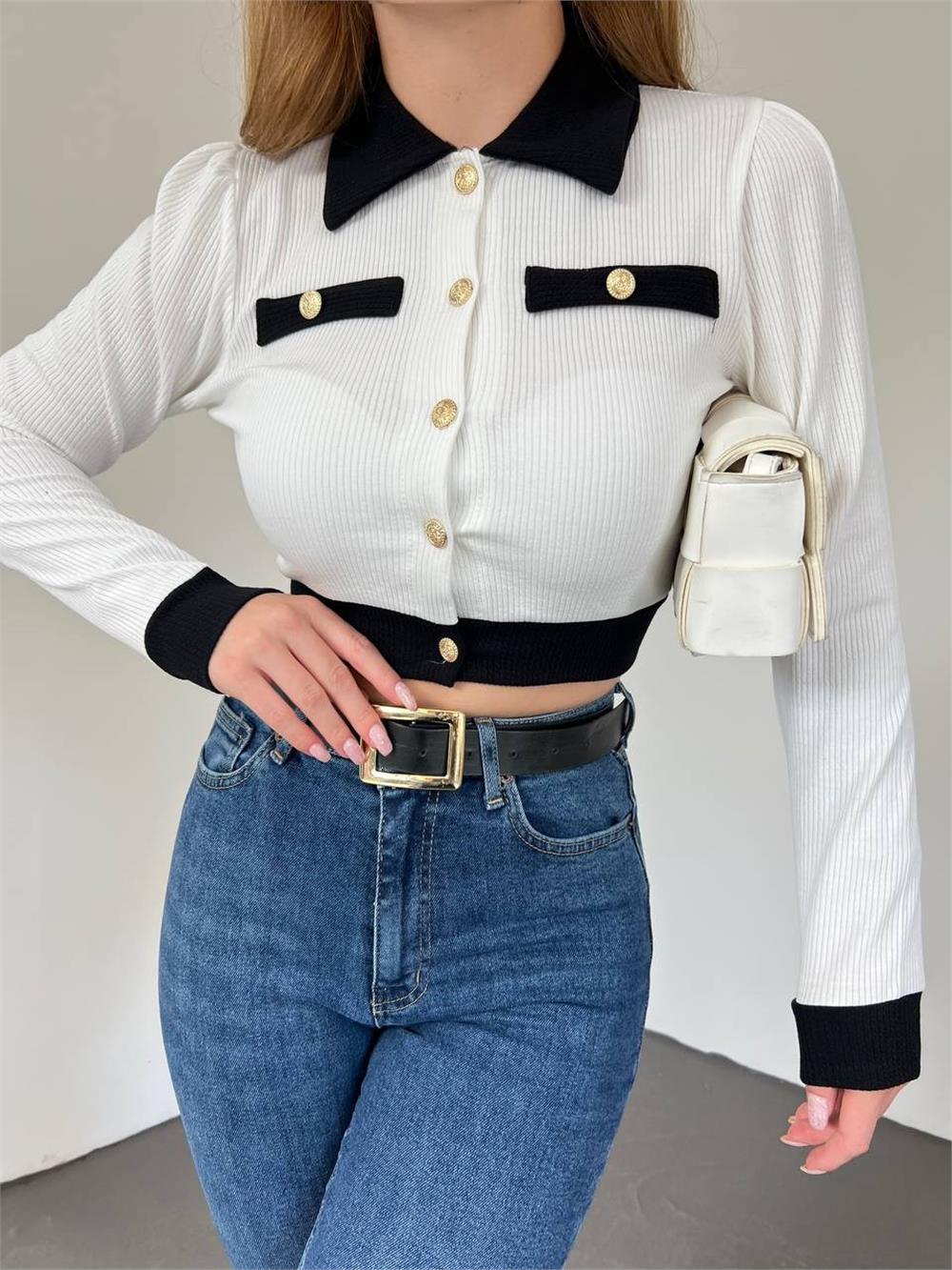 Buttoned Pocket Detailed Crop Cardigan -White-358-10738-R02