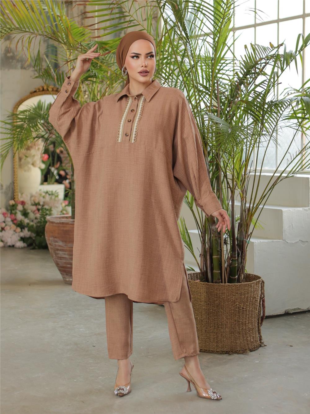Buttoned Lace Embroidered Casual Linen Tunic -Mink-186-663-R23