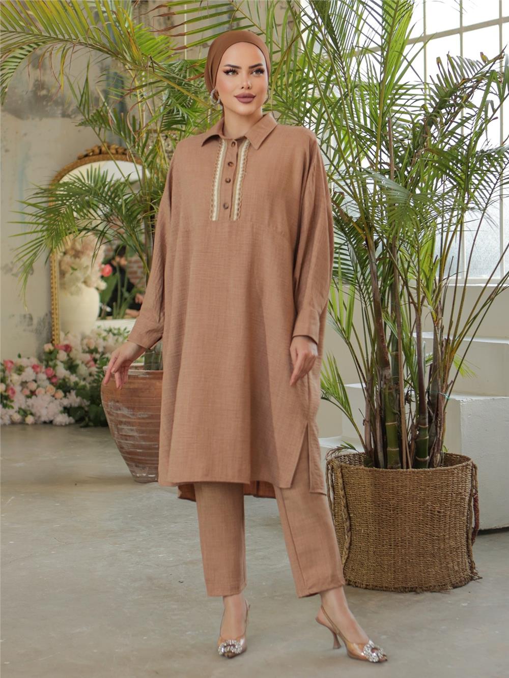Buttoned Lace Embroidered Casual Linen Tunic -Mink-186-663-R23