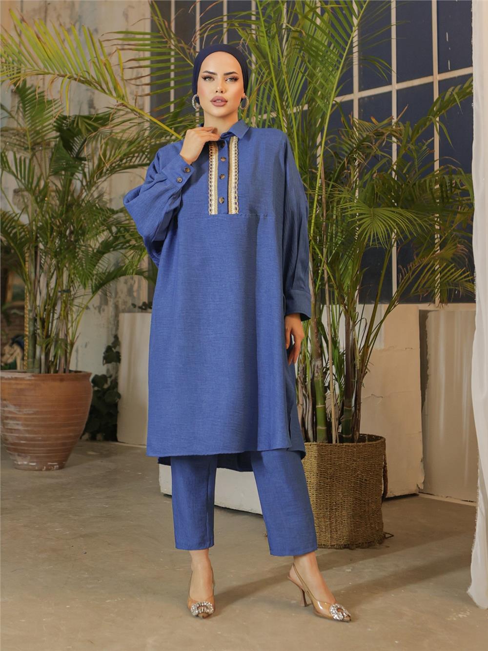 Buttoned Lace Embroidered Casual Linen Tunic - Indigo-186-663-R21
