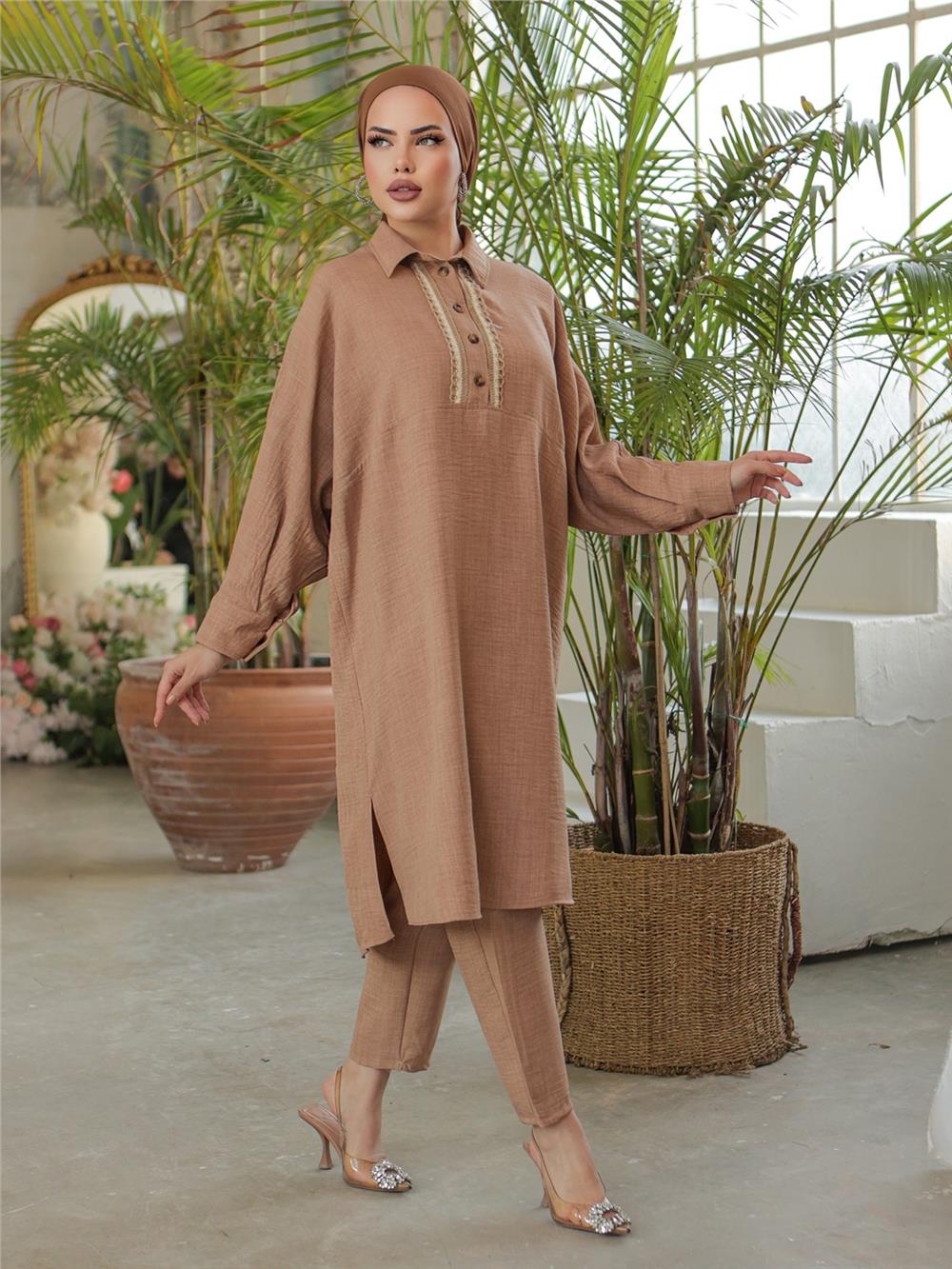 Buttoned Lace Embroidered Casual Linen Tunic -Mink-186-663-R23