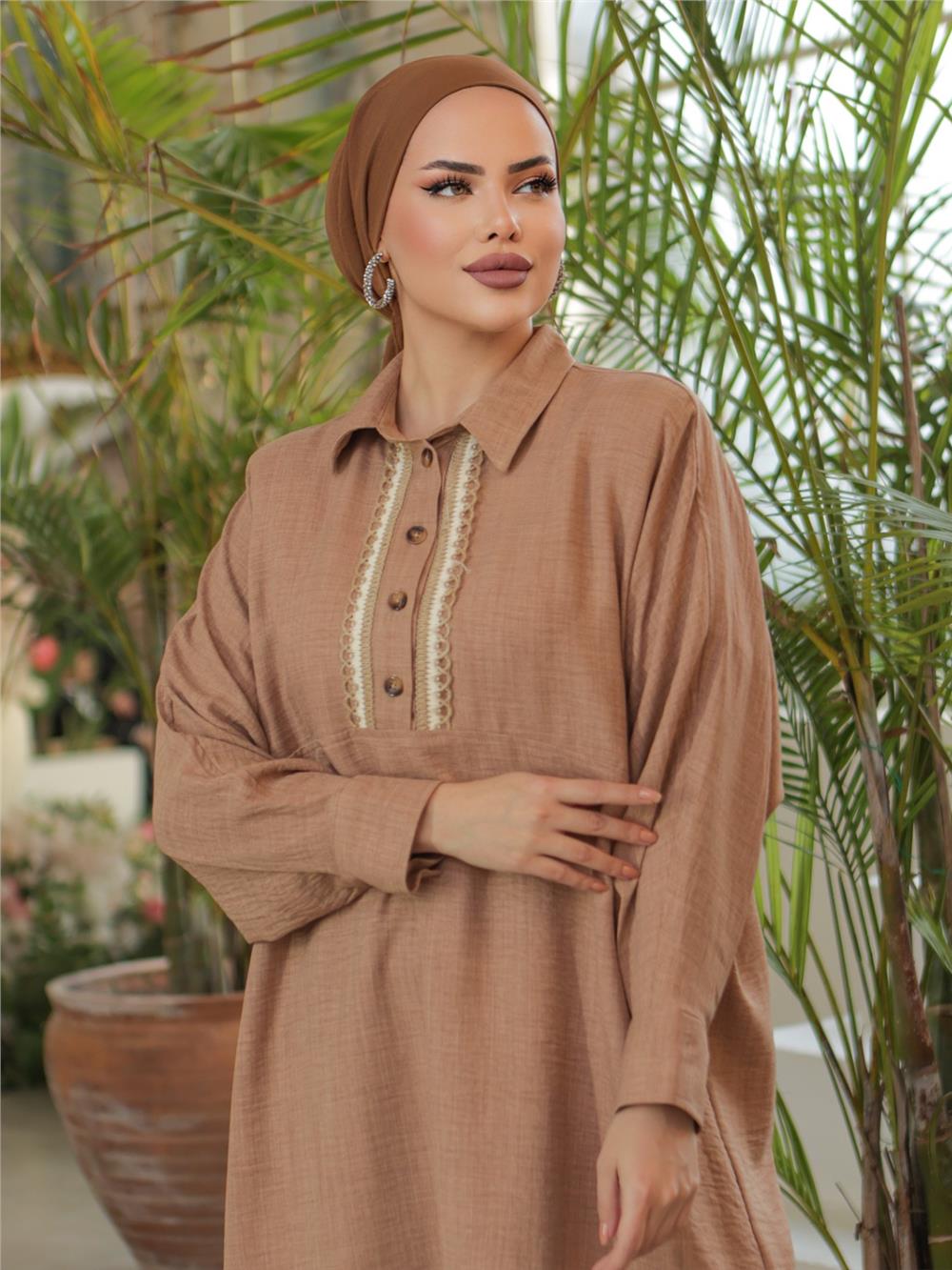 Buttoned Lace Embroidered Casual Linen Tunic -Mink-186-663-R23