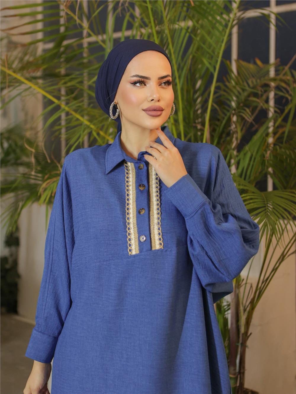 Buttoned Lace Embroidered Casual Linen Tunic - Indigo-186-663-R21
