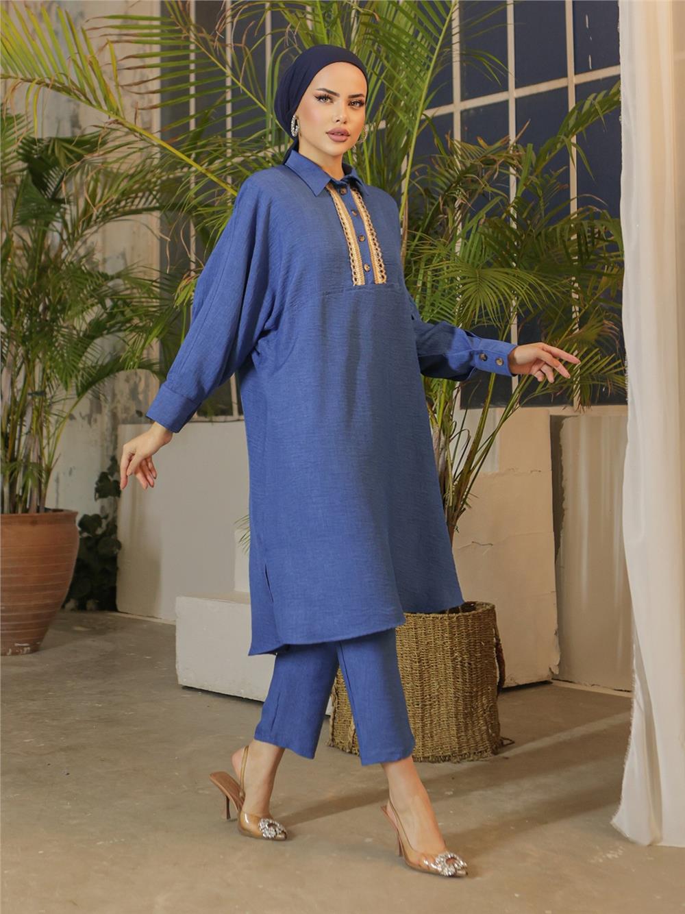Buttoned Lace Embroidered Casual Linen Tunic - Indigo-186-663-R21