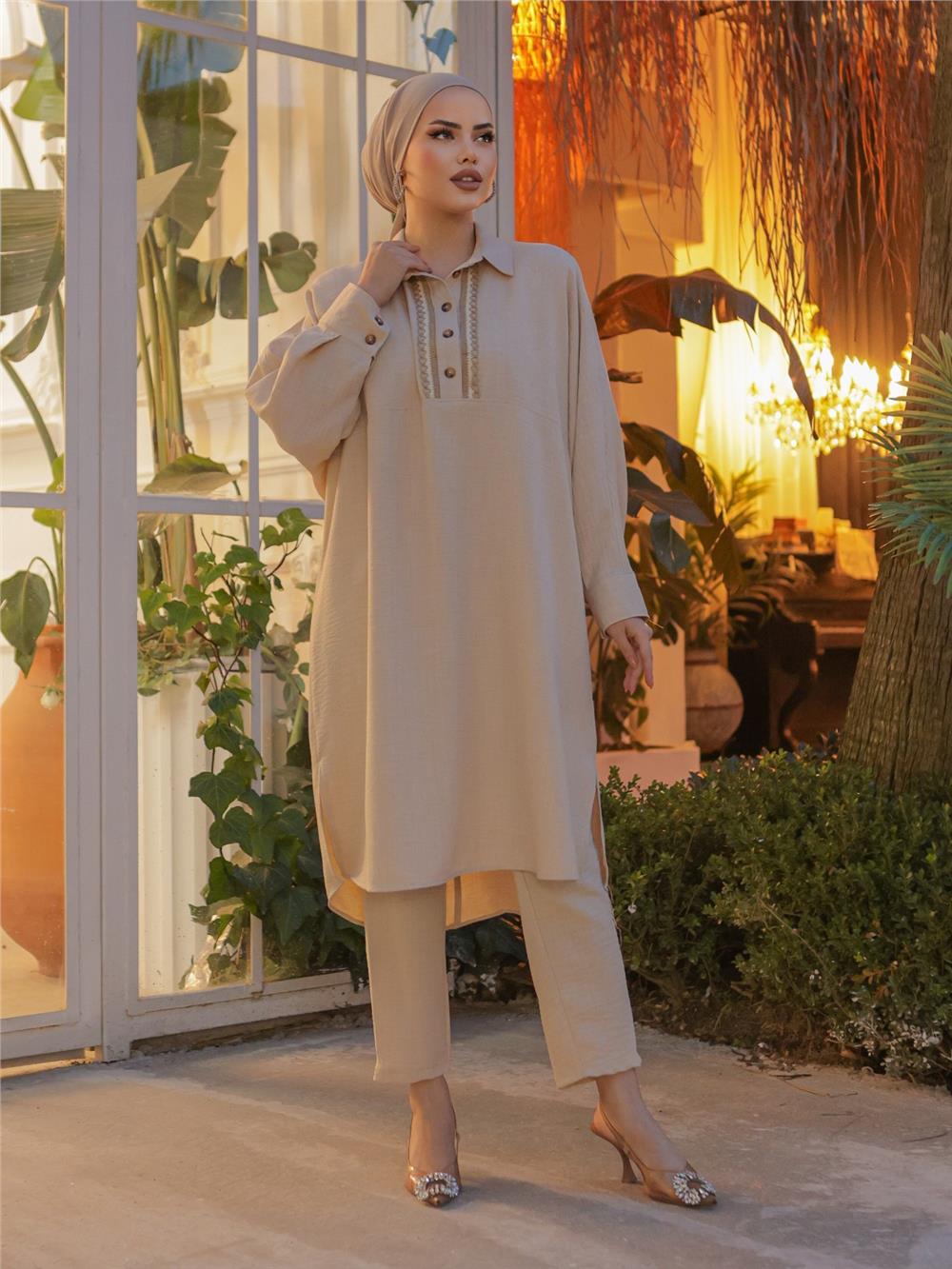 Buttoned Lace Embroidered Loose Linen Tunic -Beige-186-663-R56