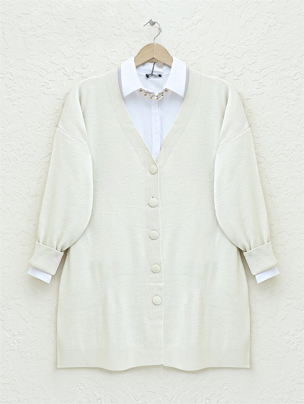 Buttoned Winter Hijab Knitwear Cardigan -Stone-357-6031-R43