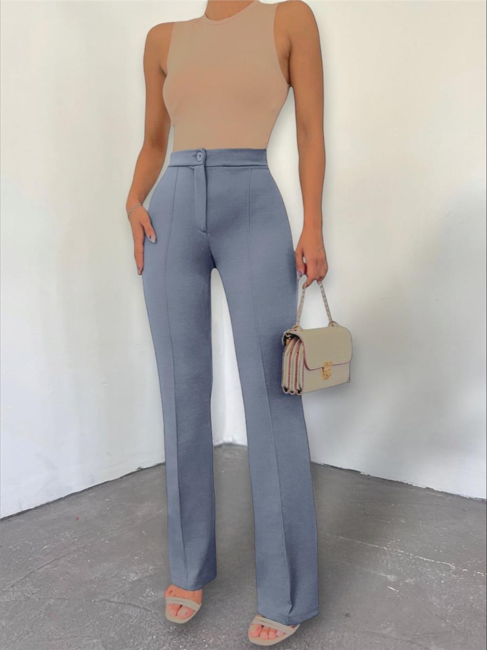 Buttoned Lycra Trousers - Gray-349-14026-R11