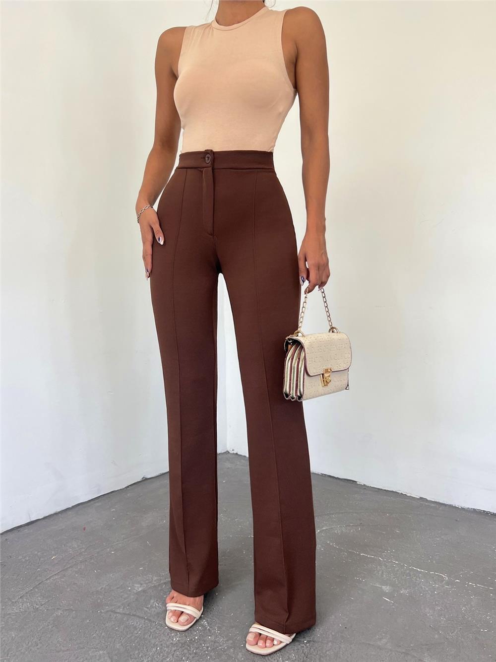 Buttoned Lycra Trousers - Brown-349-14026-R15