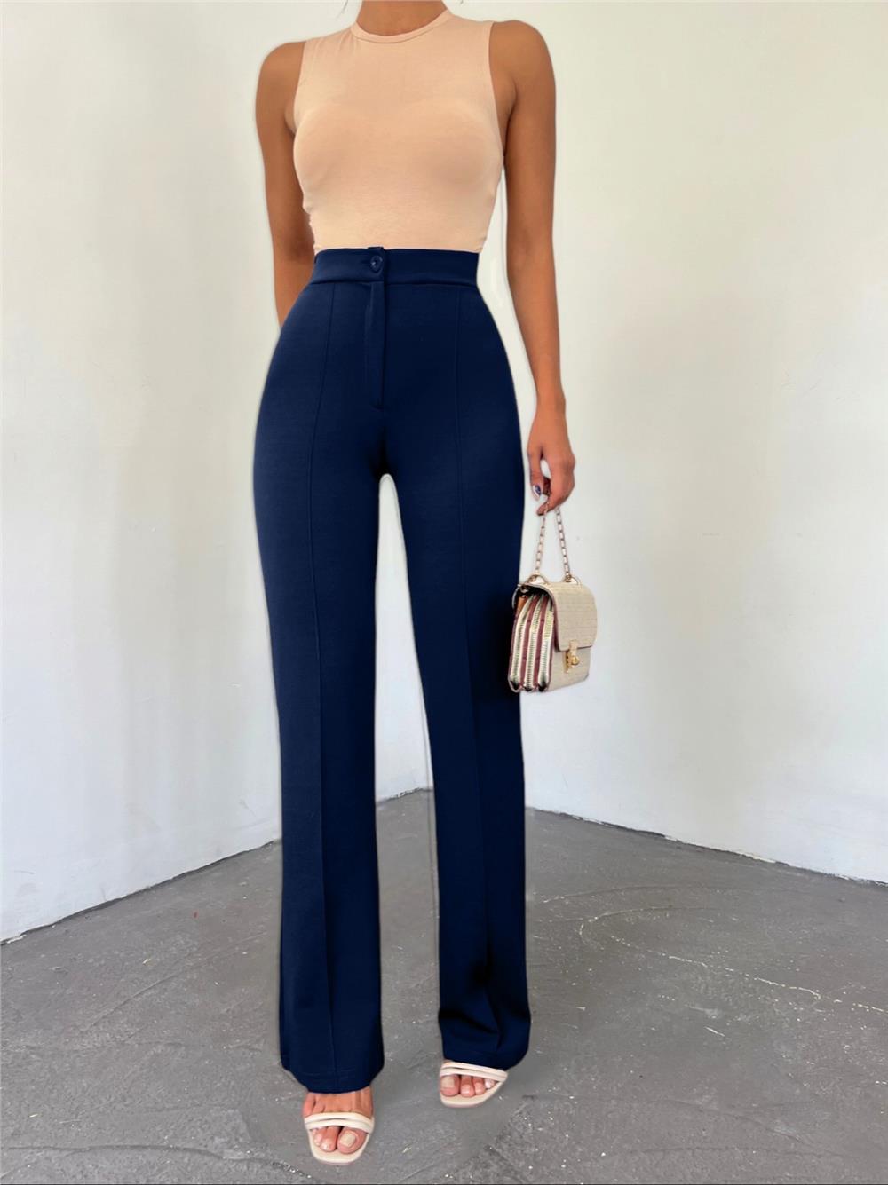 Buttoned Lycra Trousers - Navy-349-14026-R03