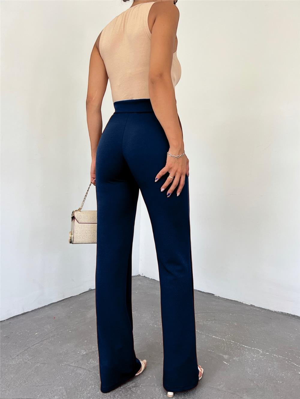Buttoned Lycra Trousers - Navy-349-14026-R03