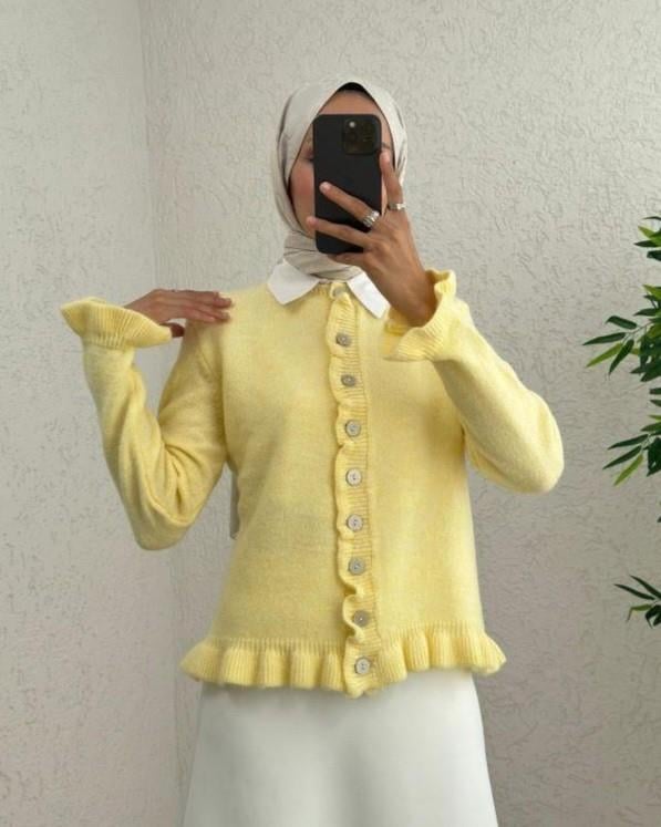 Düğmeli Önü Ve Eteği Fırfırlı Hırka -Açık Sarı